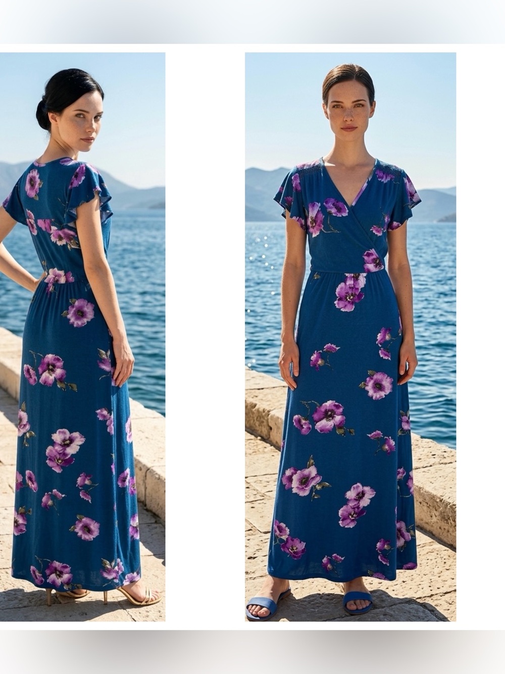Loveappella Women S M V neck w/Purple Floral Print flutter sleeve pullover dress